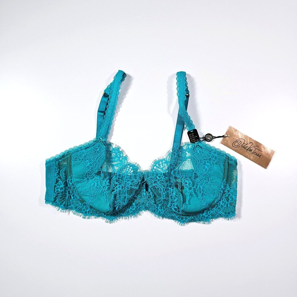 Dita Von Teese Zsa Zsa Teal Lace Underwire Bra, Peacock, Size 34B